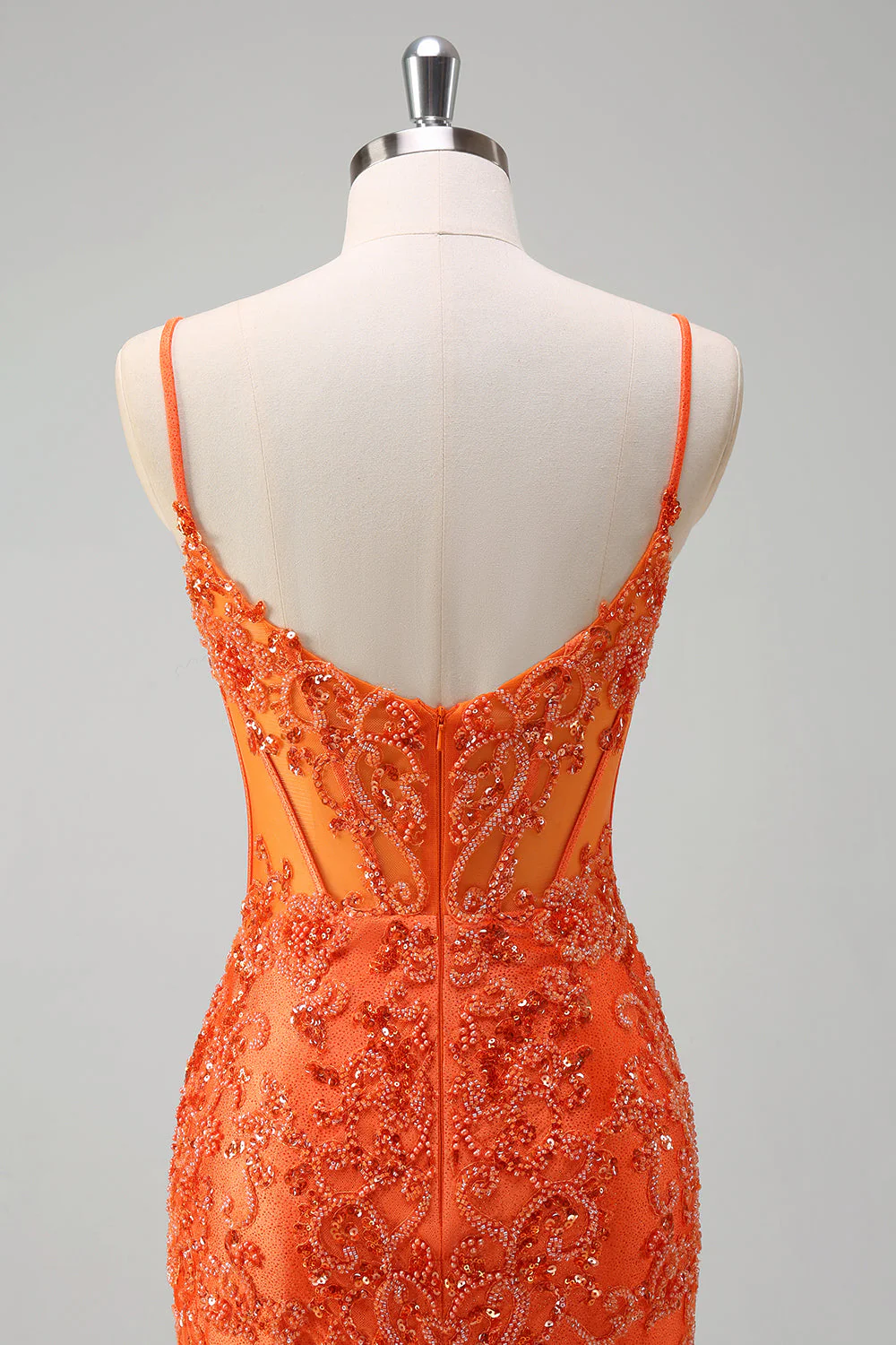 Robe de bal longue perlée sirène sirène orange à bretelles spaghetti - Image 5