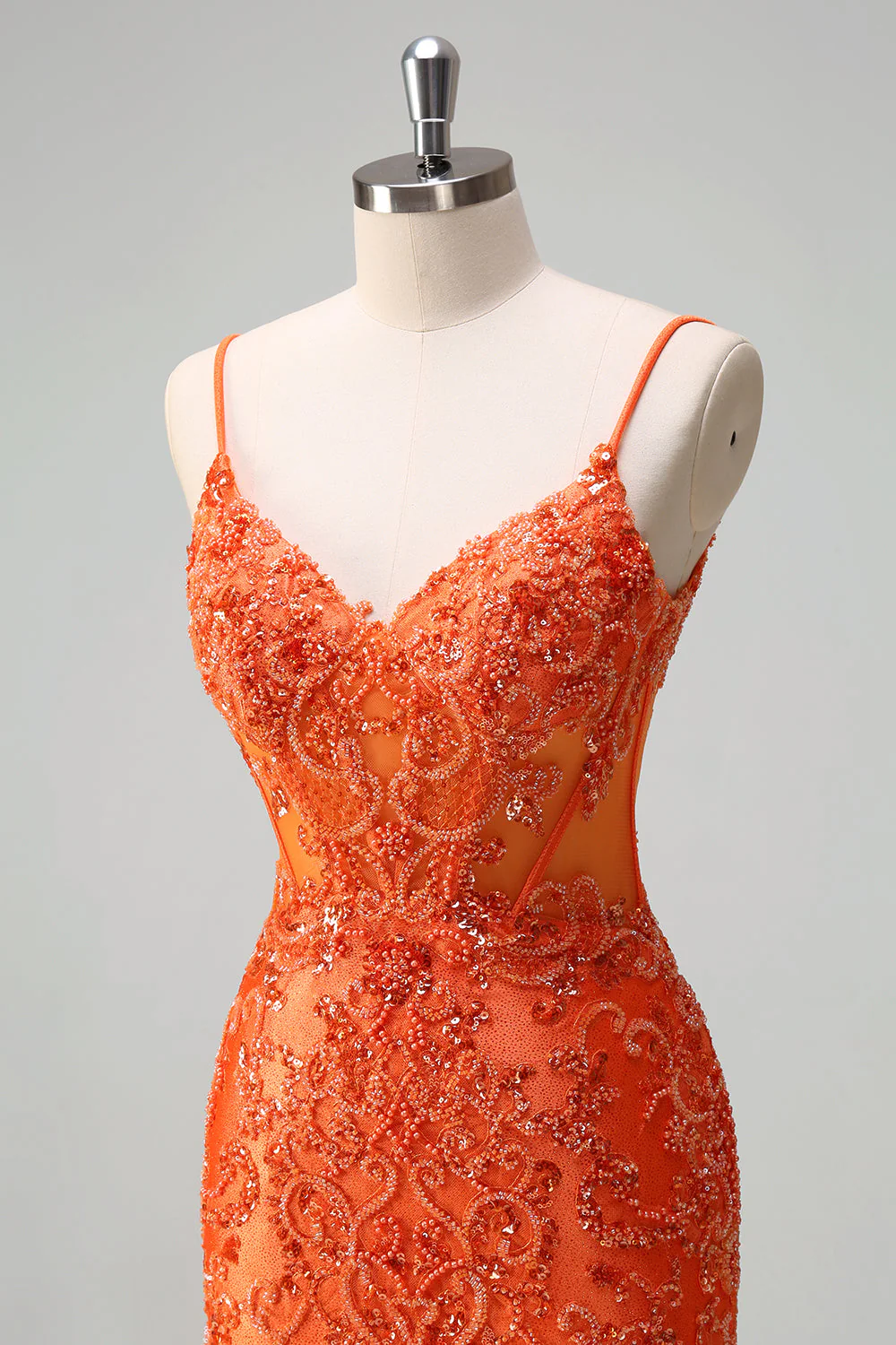 Robe de bal longue perlée sirène sirène orange à bretelles spaghetti - Image 6