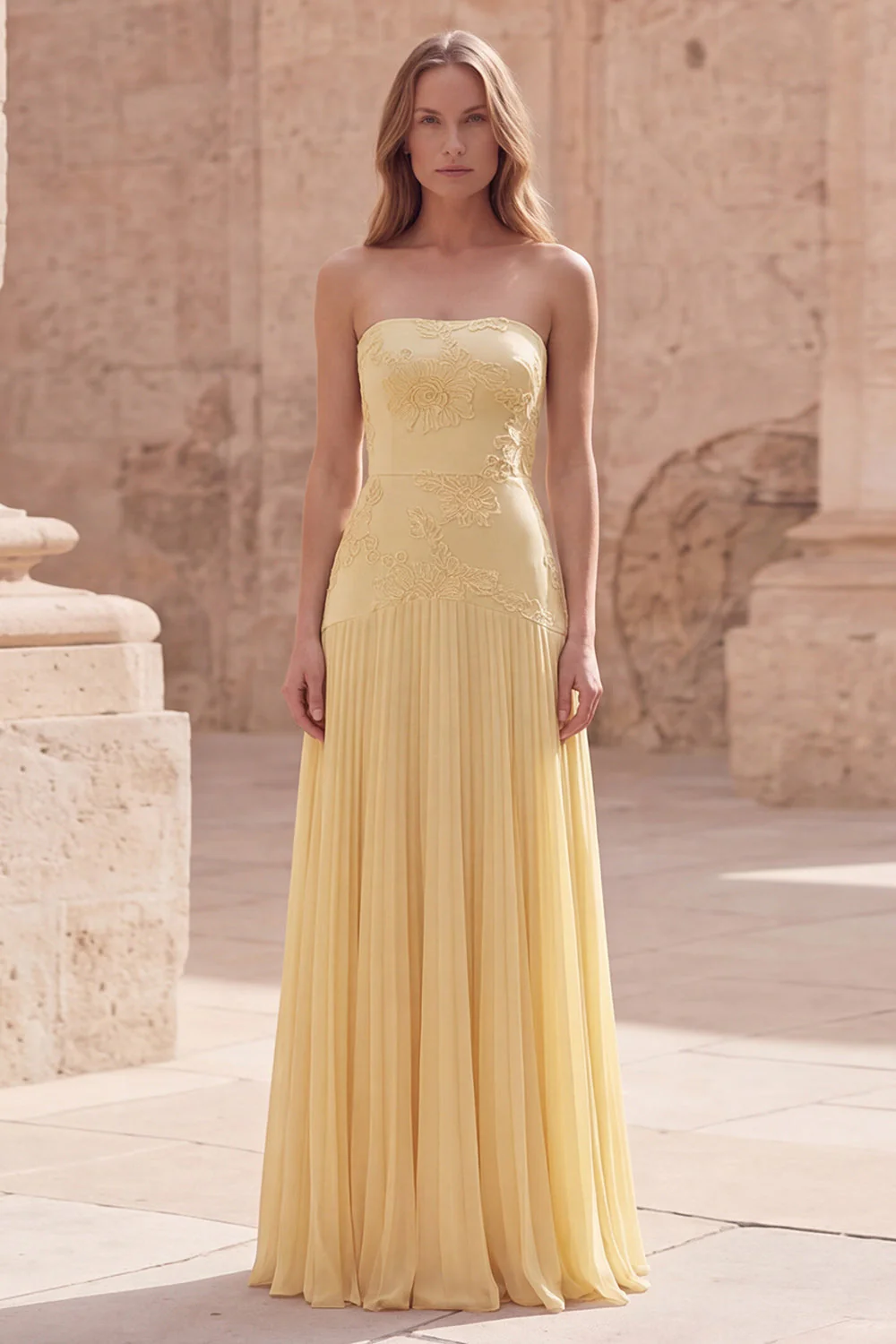 Robe de bal longue plissée à la ligne A sans bustier florale