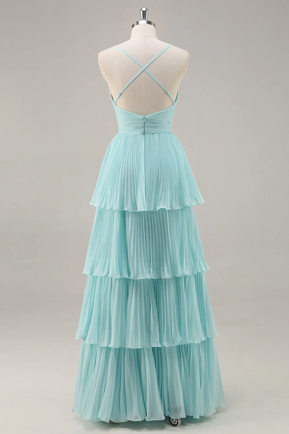 Robe De Soirée longue plissée en mousseline de soie verte à col en V à plusieurs niveaux - Image 2
