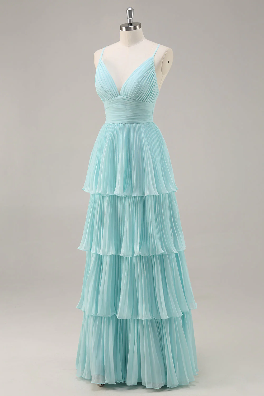 Robe De Soirée longue plissée en mousseline de soie verte à col en V à plusieurs niveaux - Image 3