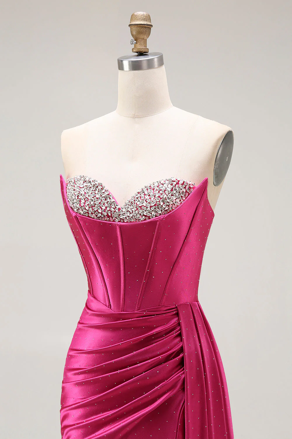 Robe de bal longue plissée plissée perlée fuchsia sirène scintillante avec fente - Image 6