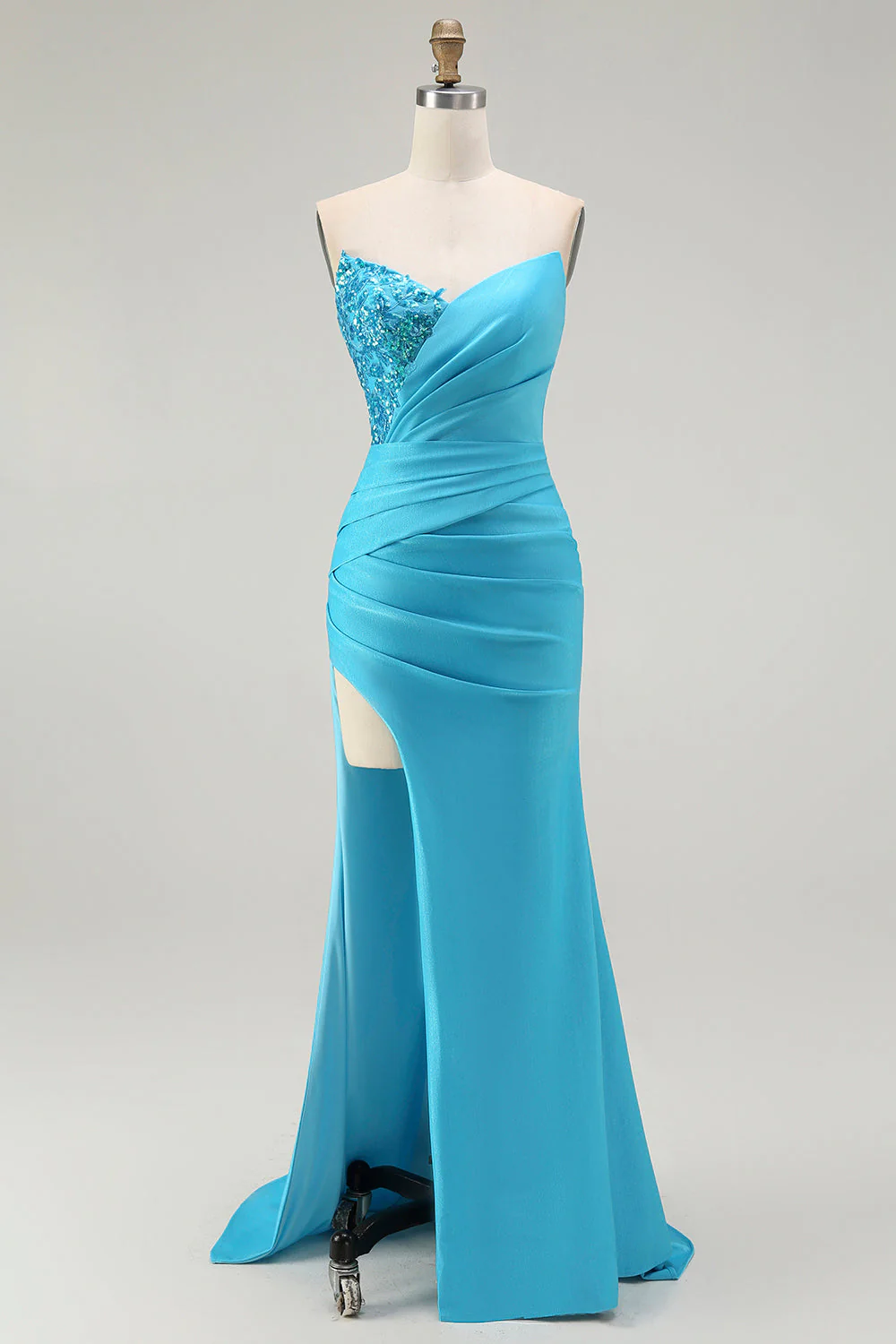 Robe de soirée longue plissée plissée sirène sirène bleue scintillante avec fente