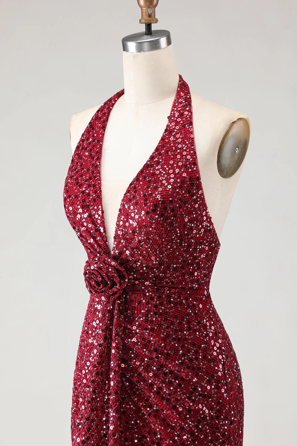 Robe de bal longue robe de bal à dos nus bourgogne étincelante avec fente - Image 6