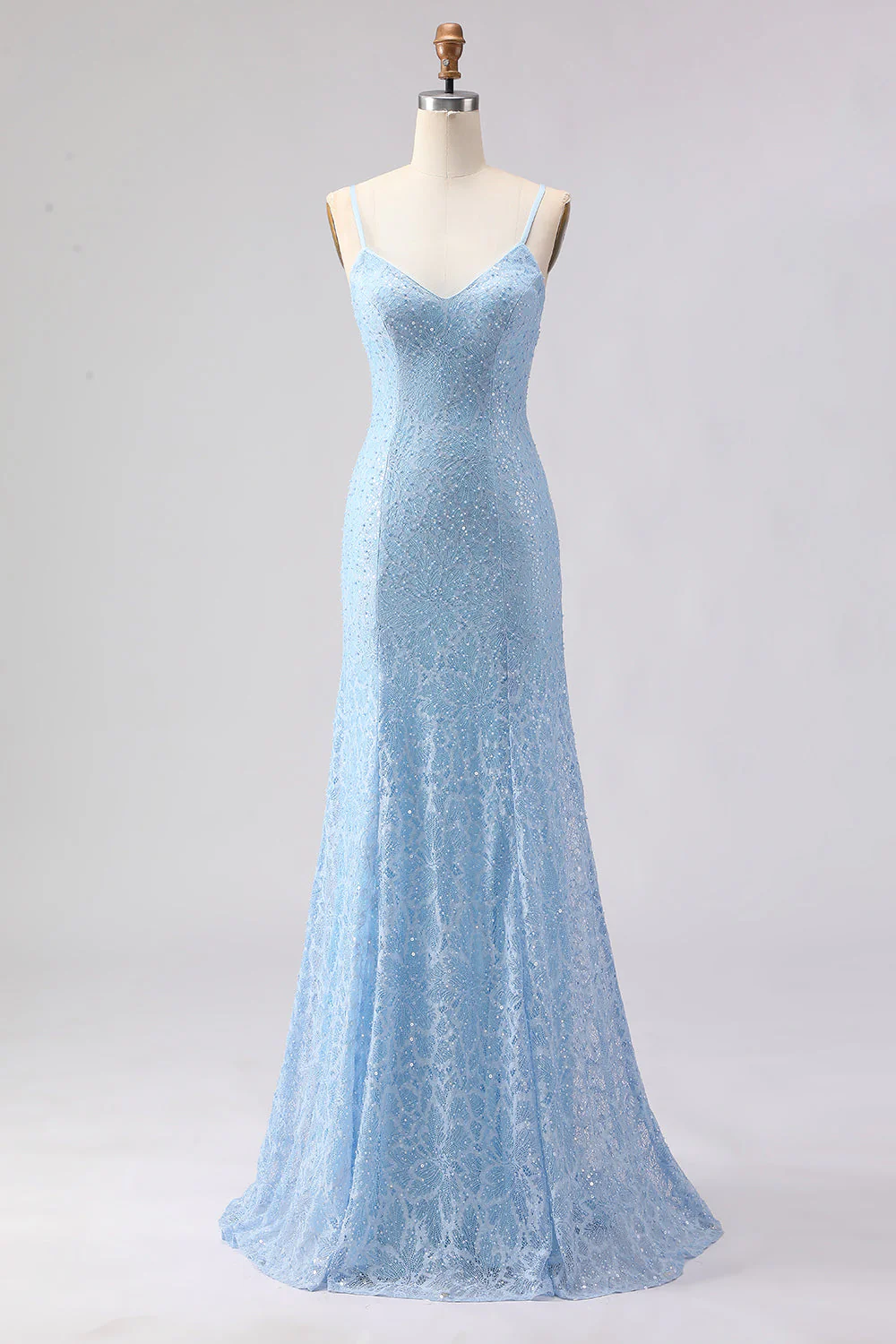 Robe de bal longue robe de bal avec des bretelles de sirène bleu ciel à bretelles fines