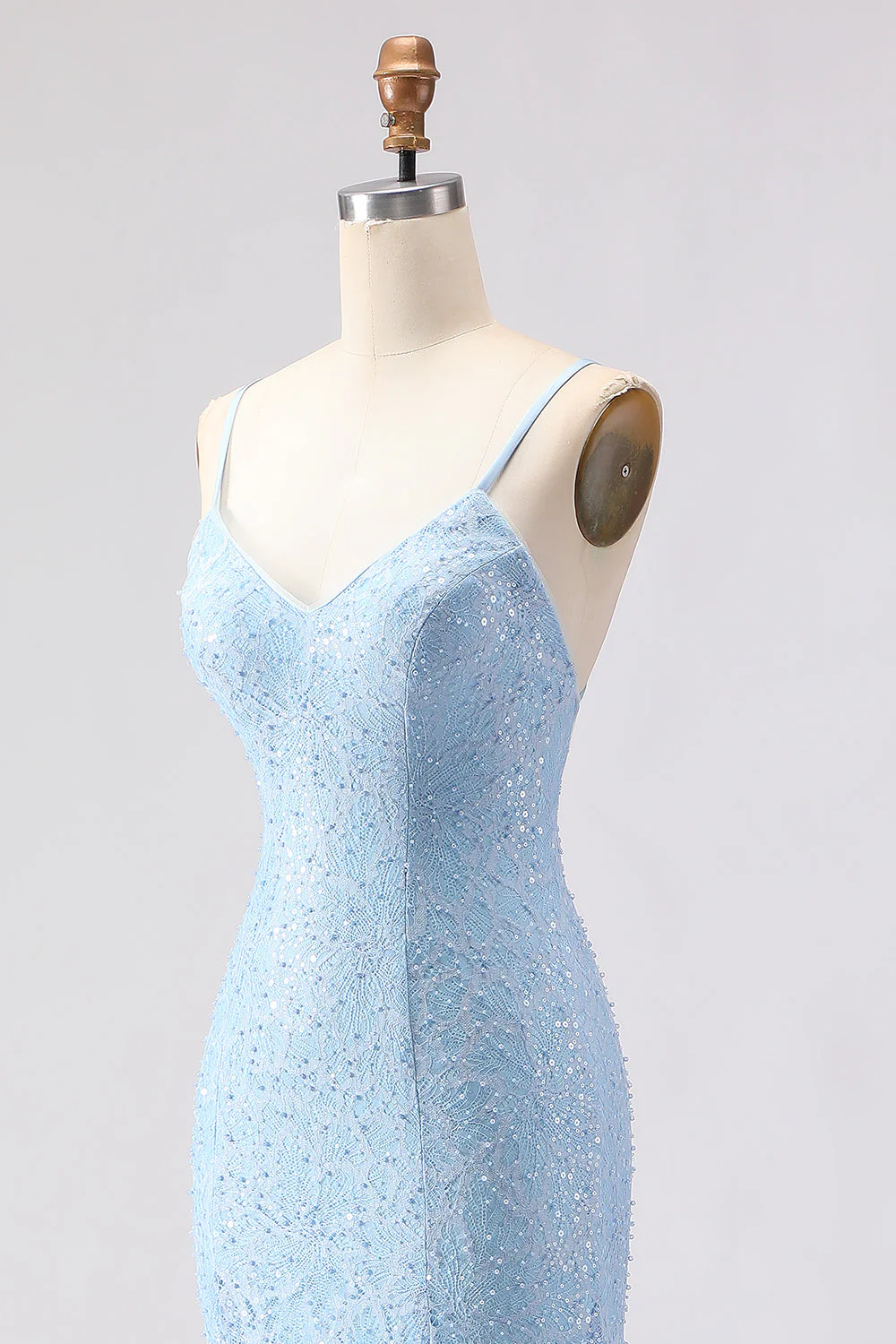 Robe de bal longue robe de bal avec des bretelles de sirène bleu ciel à bretelles fines - Image 6