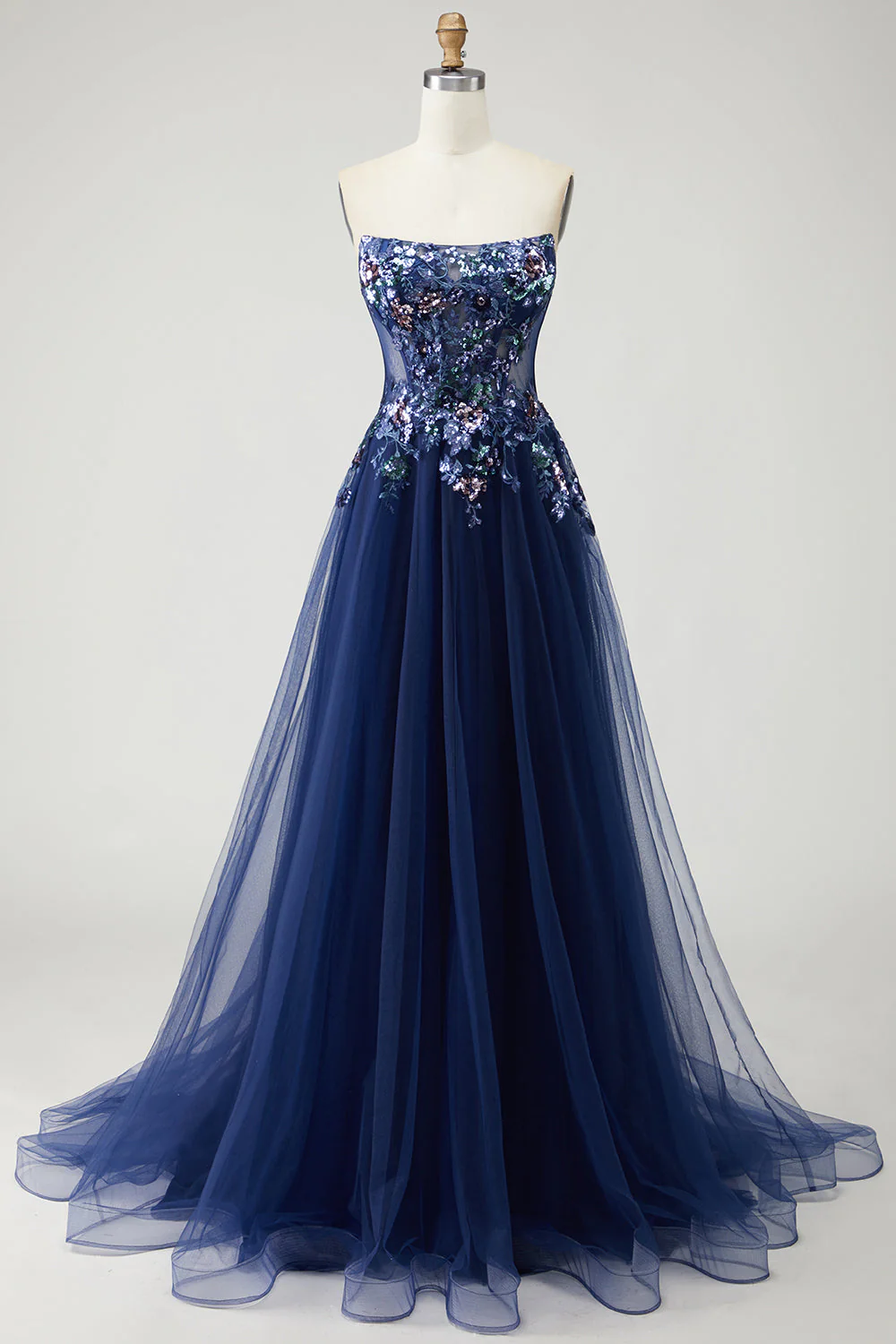 Robe de soirée longue bleu marine avec corset transparent en tulle et appliqués