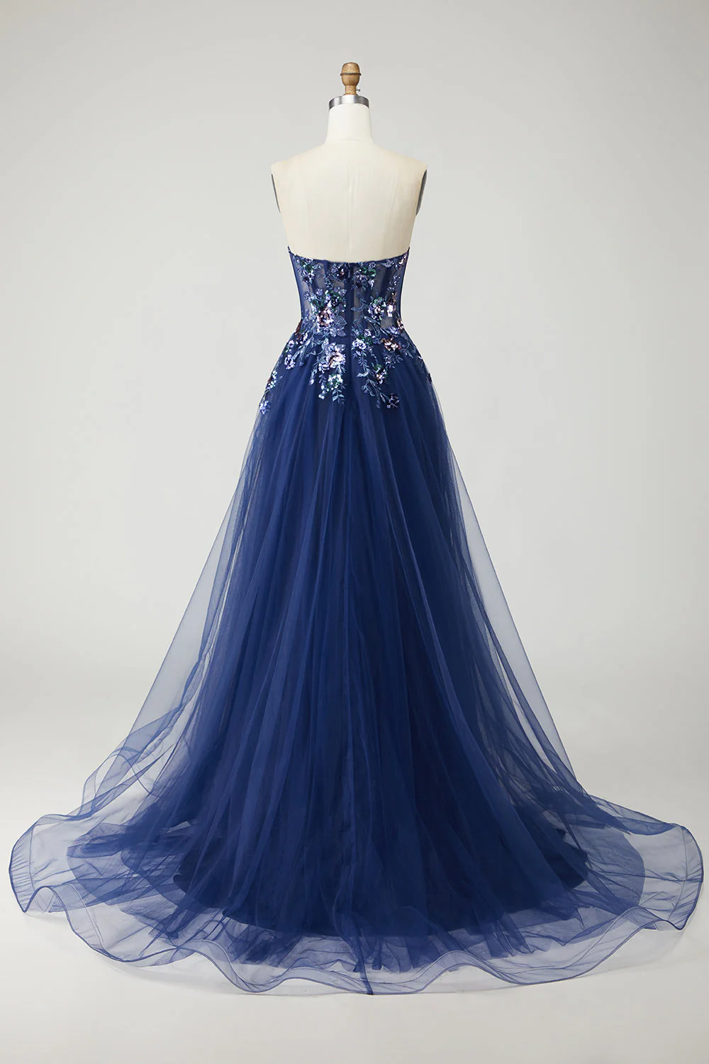 Robe de soirée longue bleu marine avec corset transparent en tulle et appliqués - Image 2