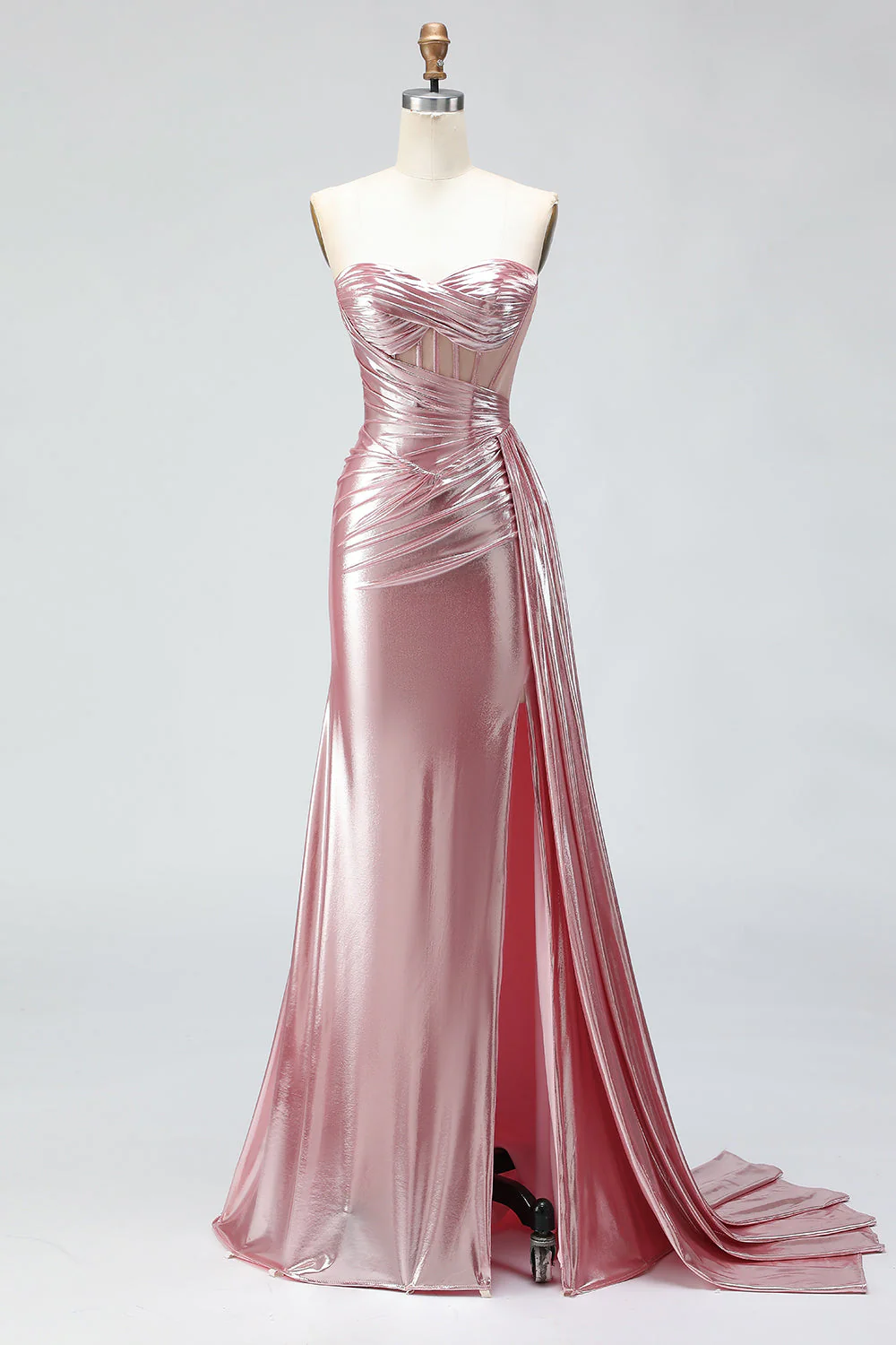 Robe de soirée sirène rose métallisée corset plissé sans bustier avec fente - Image 3