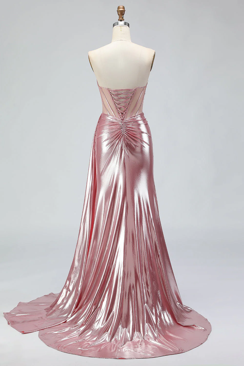 Robe de soirée sirène rose métallisée corset plissé sans bustier avec fente - Image 4
