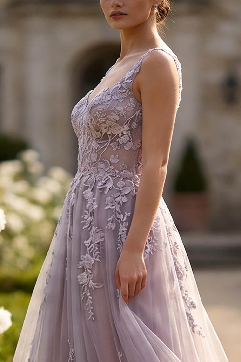Robe de bal longue robe de bal en tulle gris violet, ligne fleurie, boutonnée et couverte - Image 6