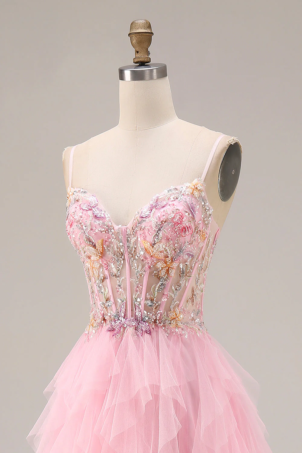 Robe de bal longue robe de bal rose à perles perlées à volants, tulle à sequins - Image 6