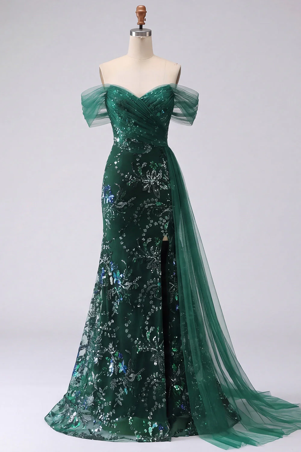 robe de bal longue robe de bal scintillante épaule décalée sur les épaules foncées
