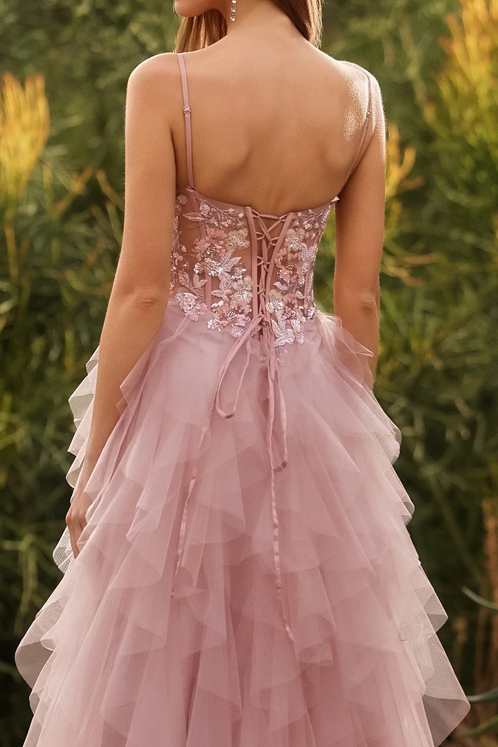 Robe de bal longue robe de promo à bretelles fines en tulle appliqué en ligne A rose avec volants - Image 10