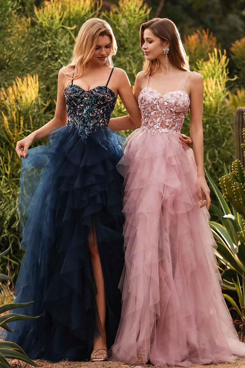 Robe de bal longue robe de promo à bretelles fines en tulle appliqué en ligne A rose avec volants - Image 12