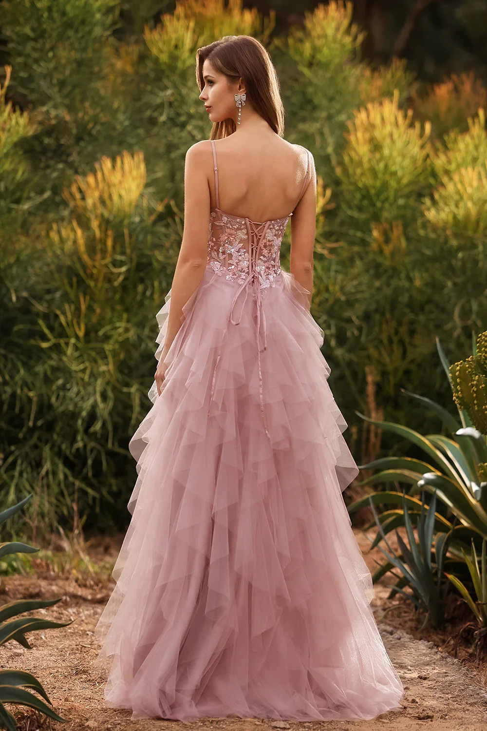 Robe de bal longue robe de promo à bretelles fines en tulle appliqué en ligne A rose avec volants - Image 2