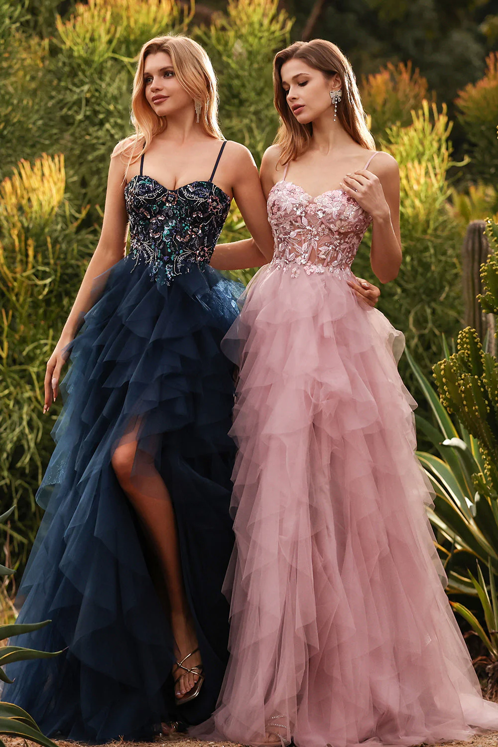 Robe de bal longue robe de promo à bretelles fines en tulle appliqué en ligne A rose avec volants - Image 5