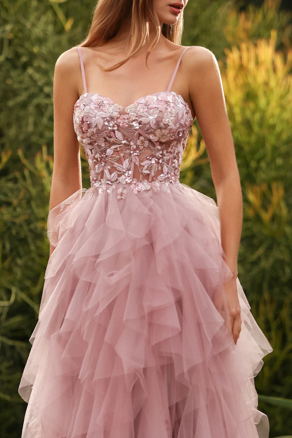 Robe de bal longue robe de promo à bretelles fines en tulle appliqué en ligne A rose avec volants - Image 6