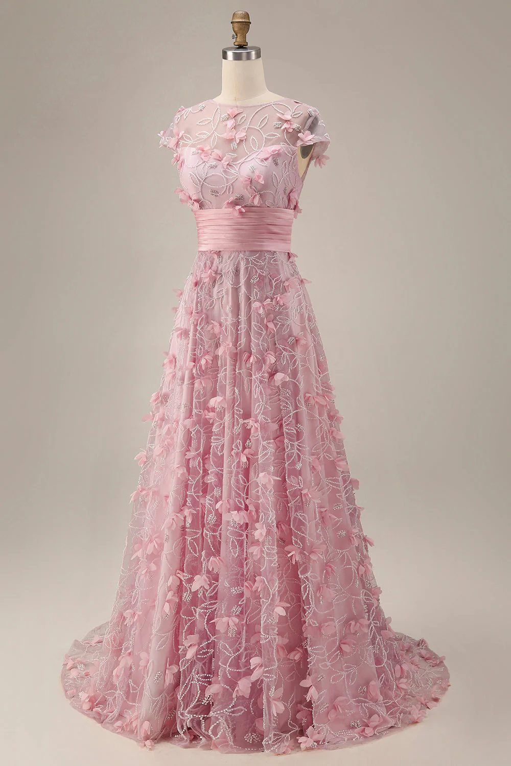 Robe de bal longue rose à manches courtes à manches courtes perlées avec des fleurs 3D - Image 3
