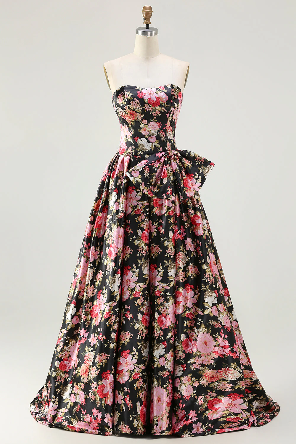 Robe de bal longue sans bretelles A Line à motif de fleurs roses blanches avec un nœud - Image 7