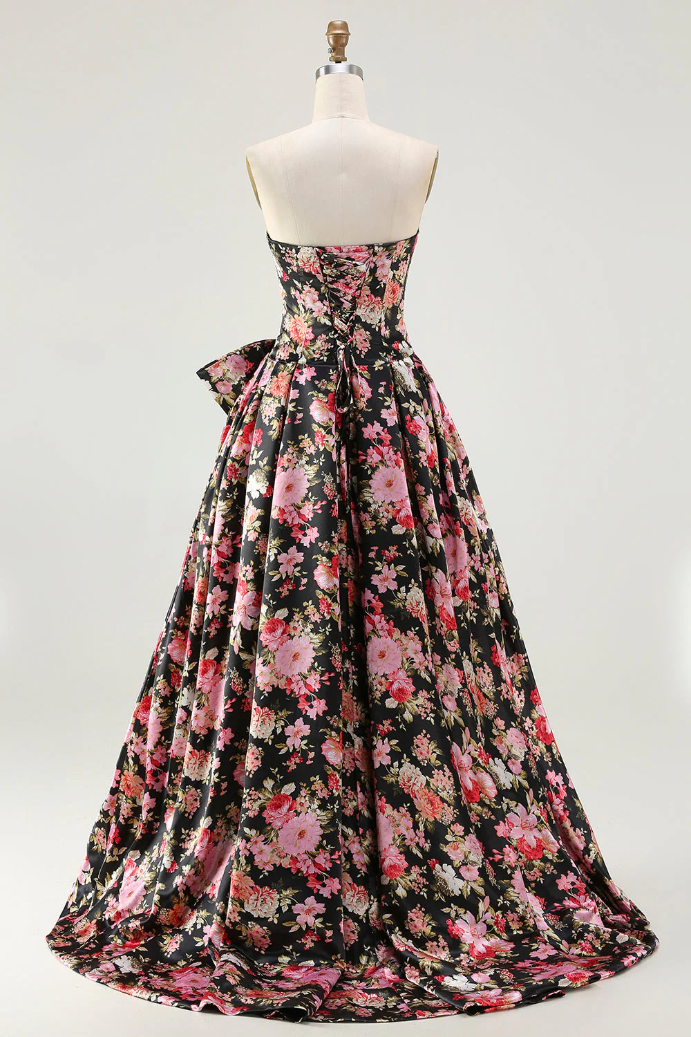 Robe de bal longue sans bretelles A Line à motif de fleurs roses blanches avec un nœud - Image 8
