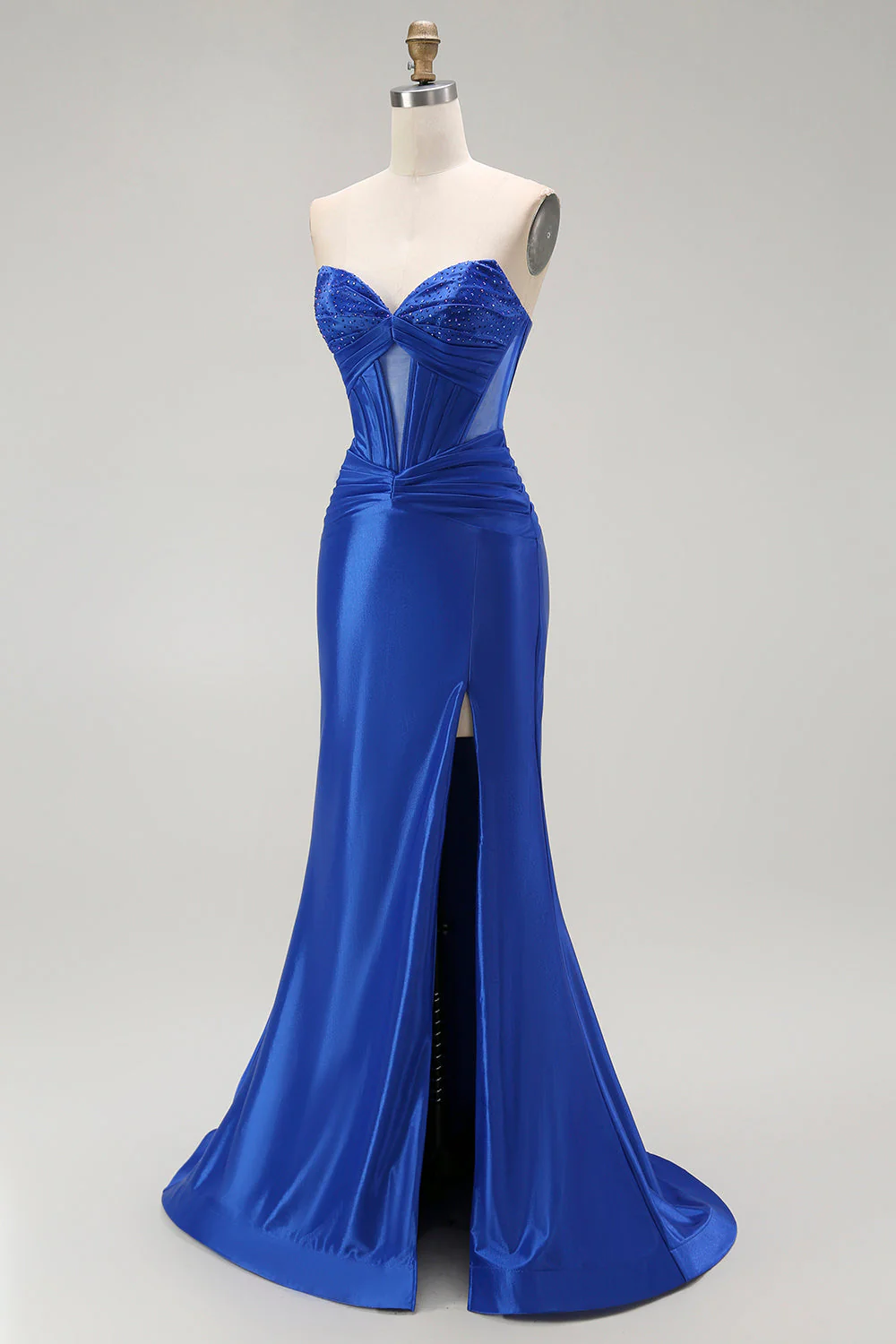 Robe de soirée longue sans bretelles corset perlée sirène bleu royal avec fente - Image 5