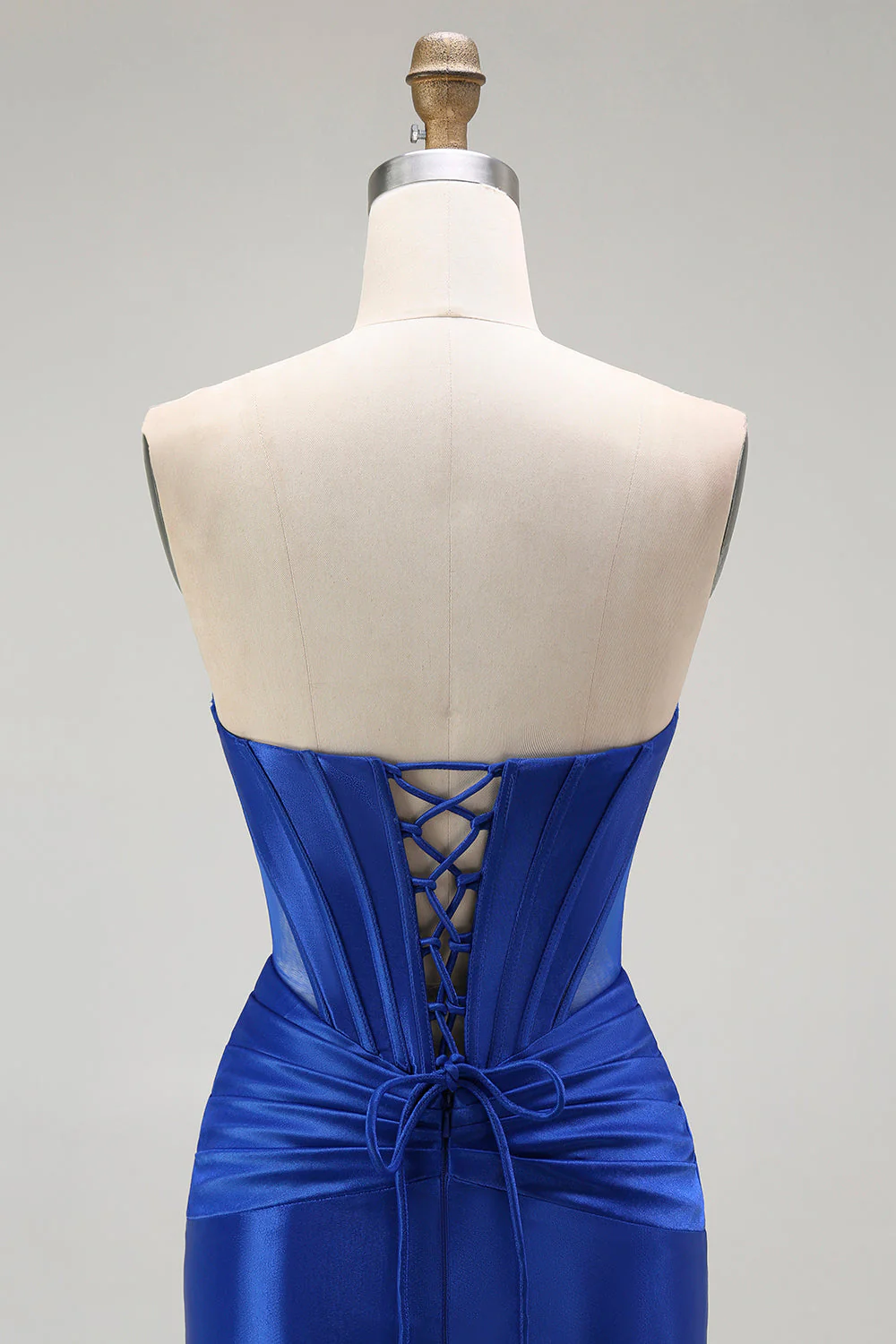 Robe de soirée longue sans bretelles corset perlée sirène bleu royal avec fente - Image 7