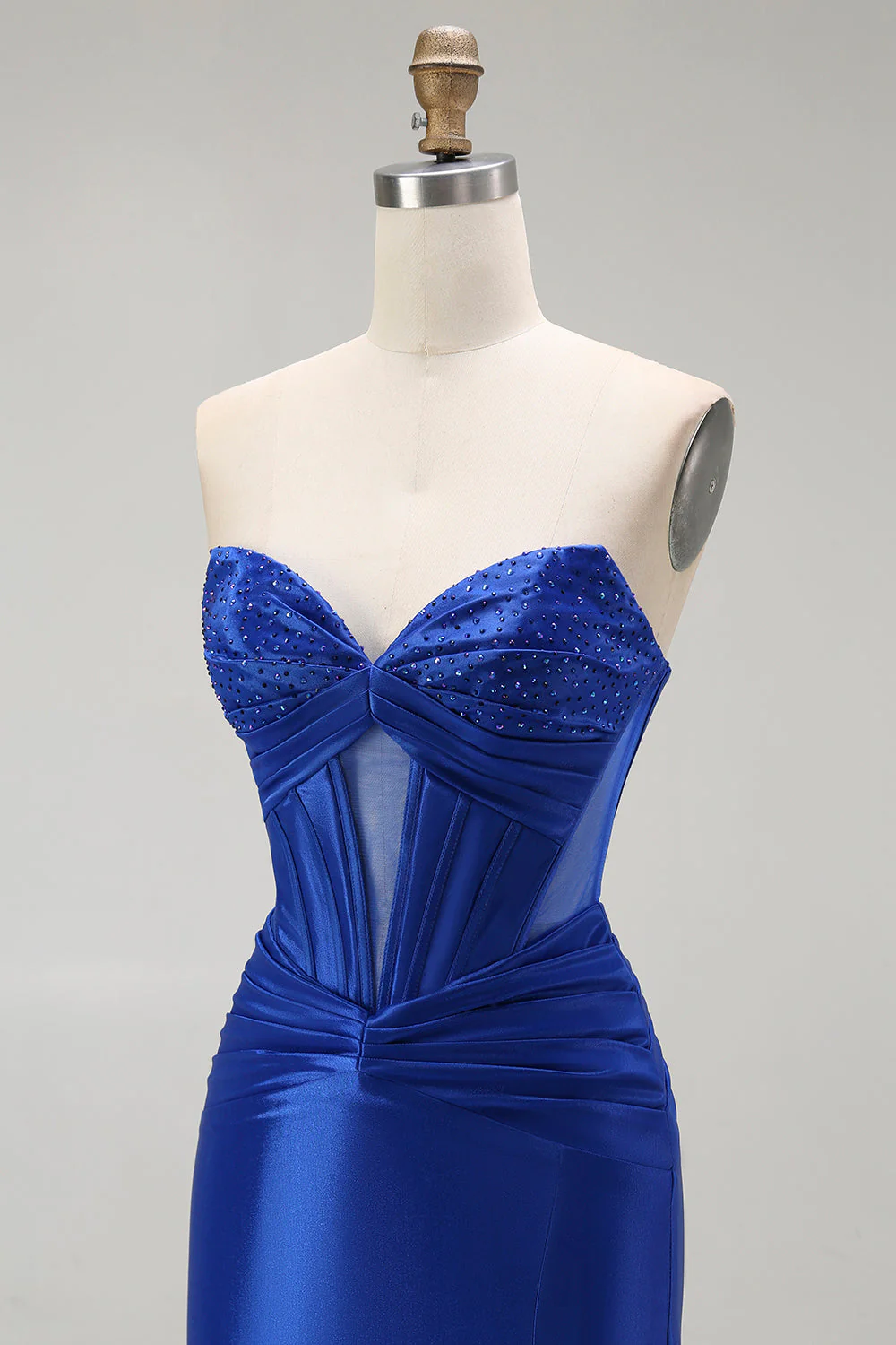 Robe de soirée longue sans bretelles corset perlée sirène bleu royal avec fente - Image 8