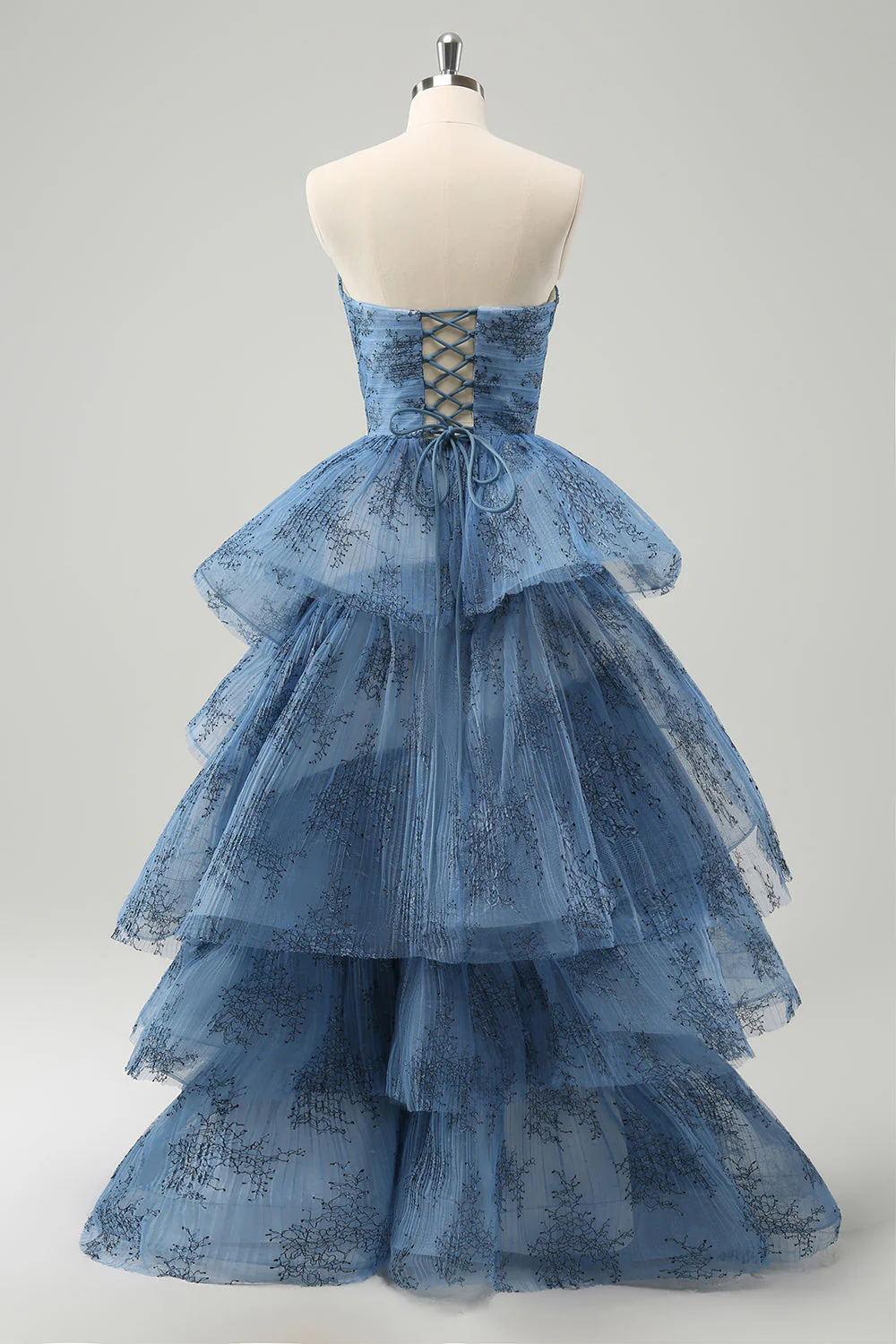 Robe de bal longue sans bretelles grise bleue brodée à plusieurs niveaux - Image 2