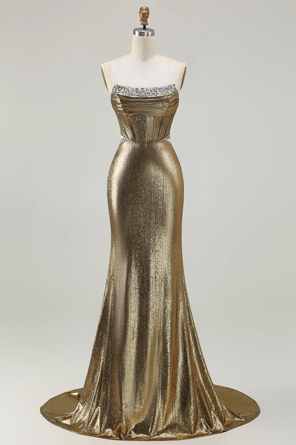 Robe De Soirée longue sans bretelles perlée dorée foncée métallisée