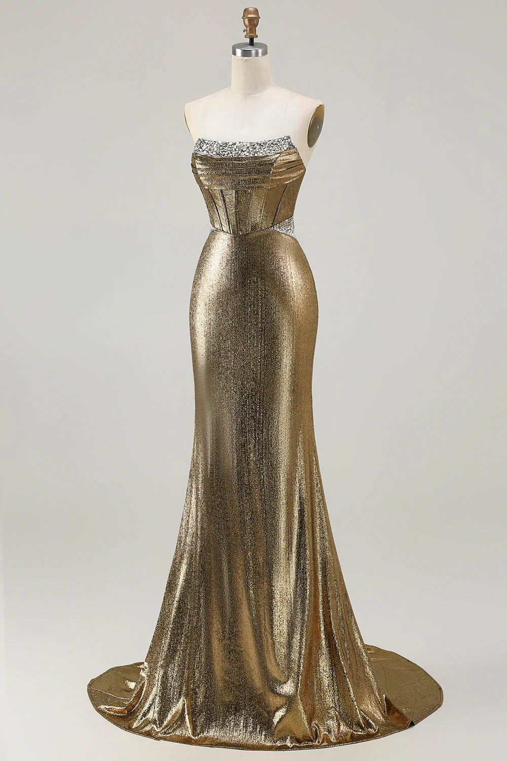 Robe De Soirée longue sans bretelles perlée dorée foncée métallisée - Image 3