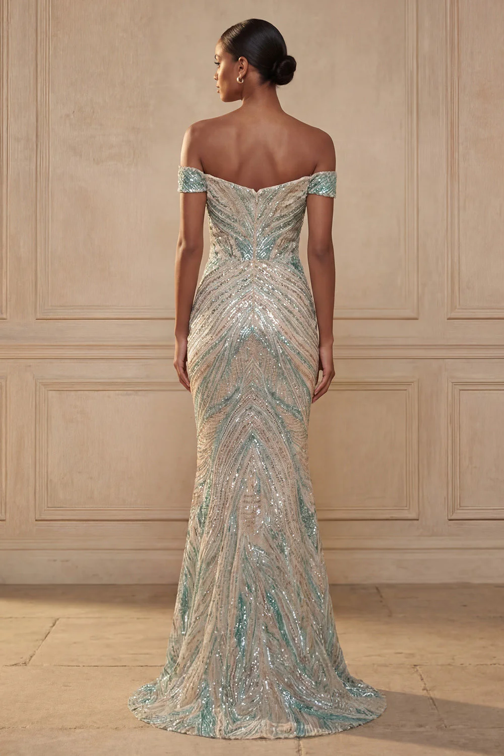 robe de bal longue scintillante à paillettes bleu sirène dénudée - Image 2