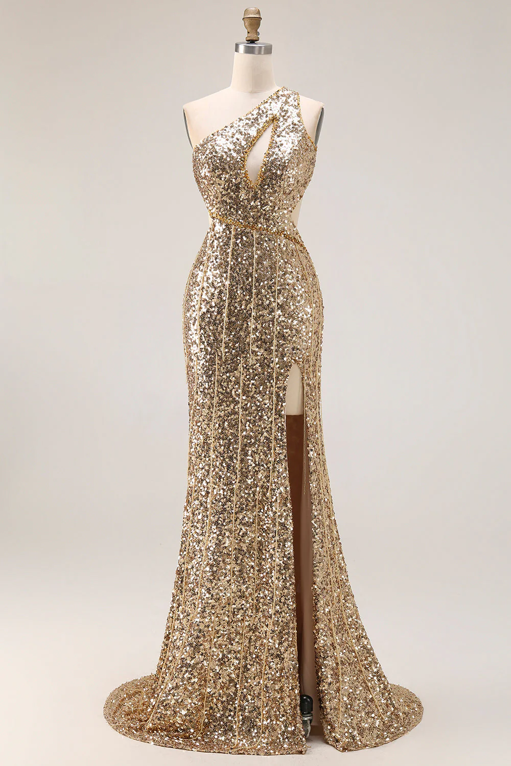 Robe de bal longue de bal argentée argentée à une épaule découpée à paillettes sirène avec fente - Image 7
