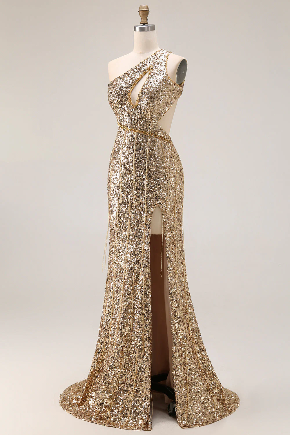 Robe de bal longue de bal argentée argentée à une épaule découpée à paillettes sirène avec fente - Image 9
