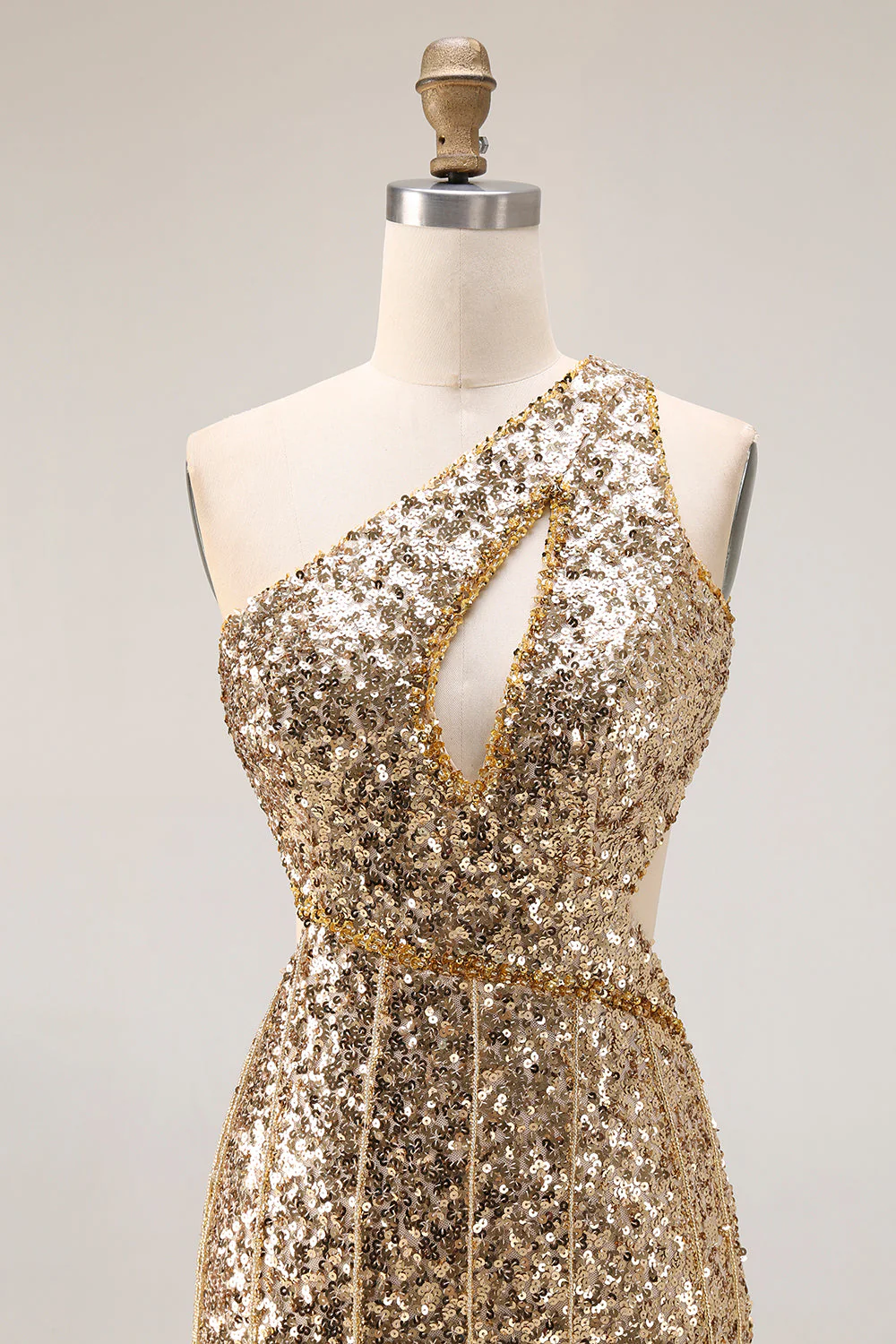 Robe de bal longue de bal argentée argentée à une épaule découpée à paillettes sirène avec fente - Image 10