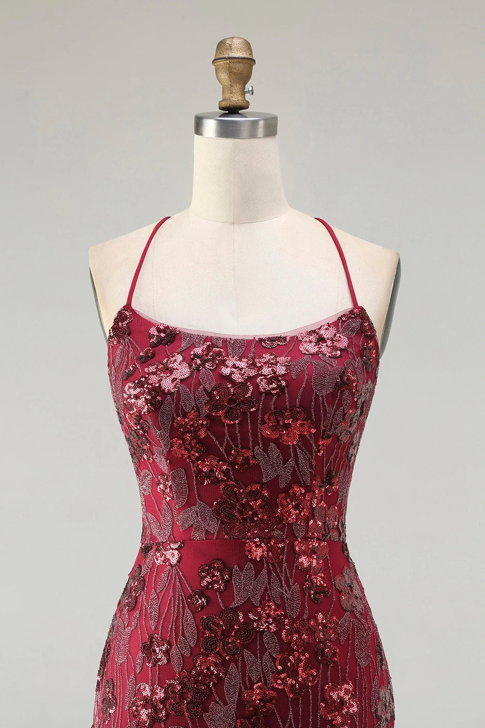Robe de bal longue scintillante bordeaux appliquée à la sirène avec paillettes - Image 4