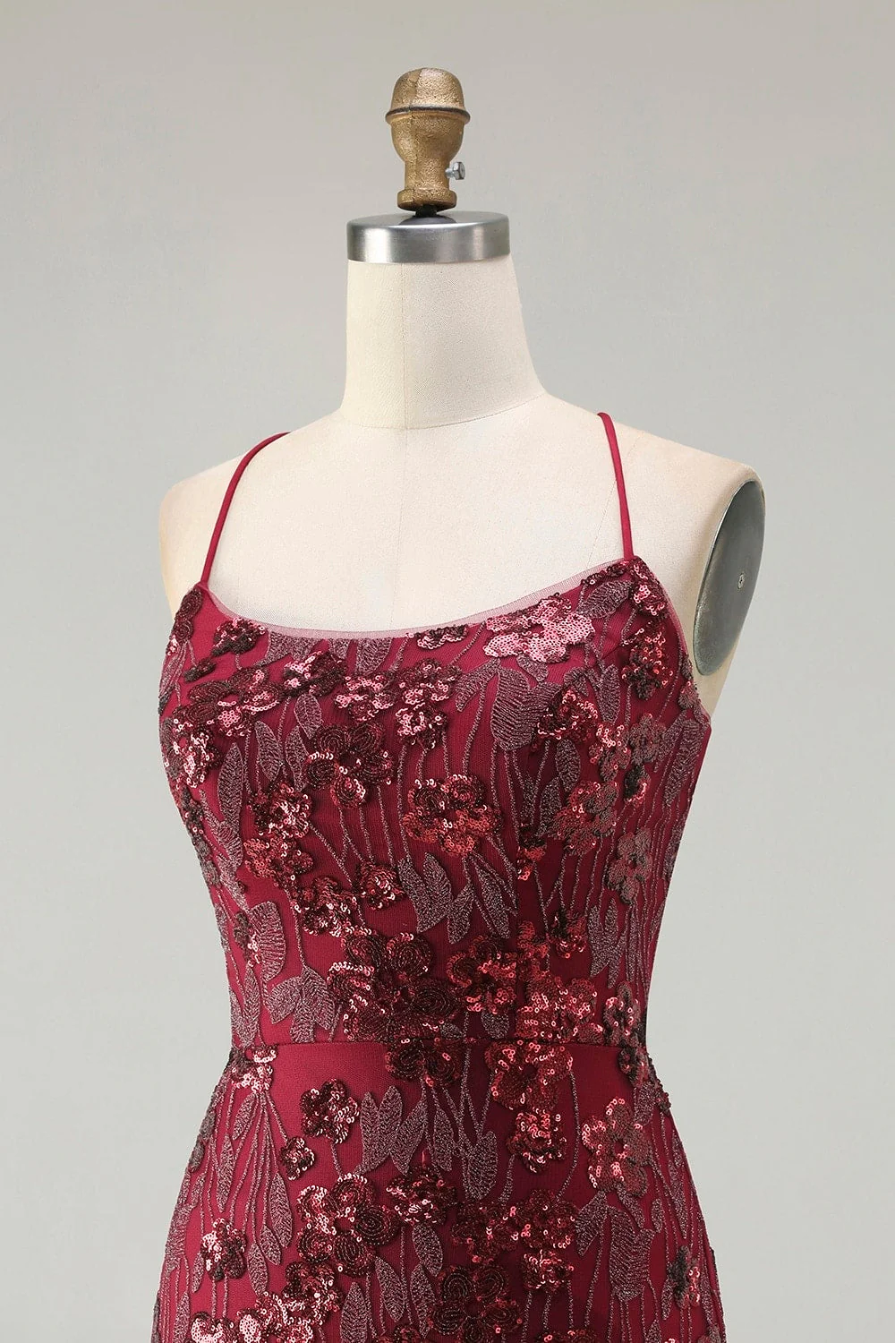 Robe de bal longue scintillante bordeaux appliquée à la sirène avec paillettes - Image 6