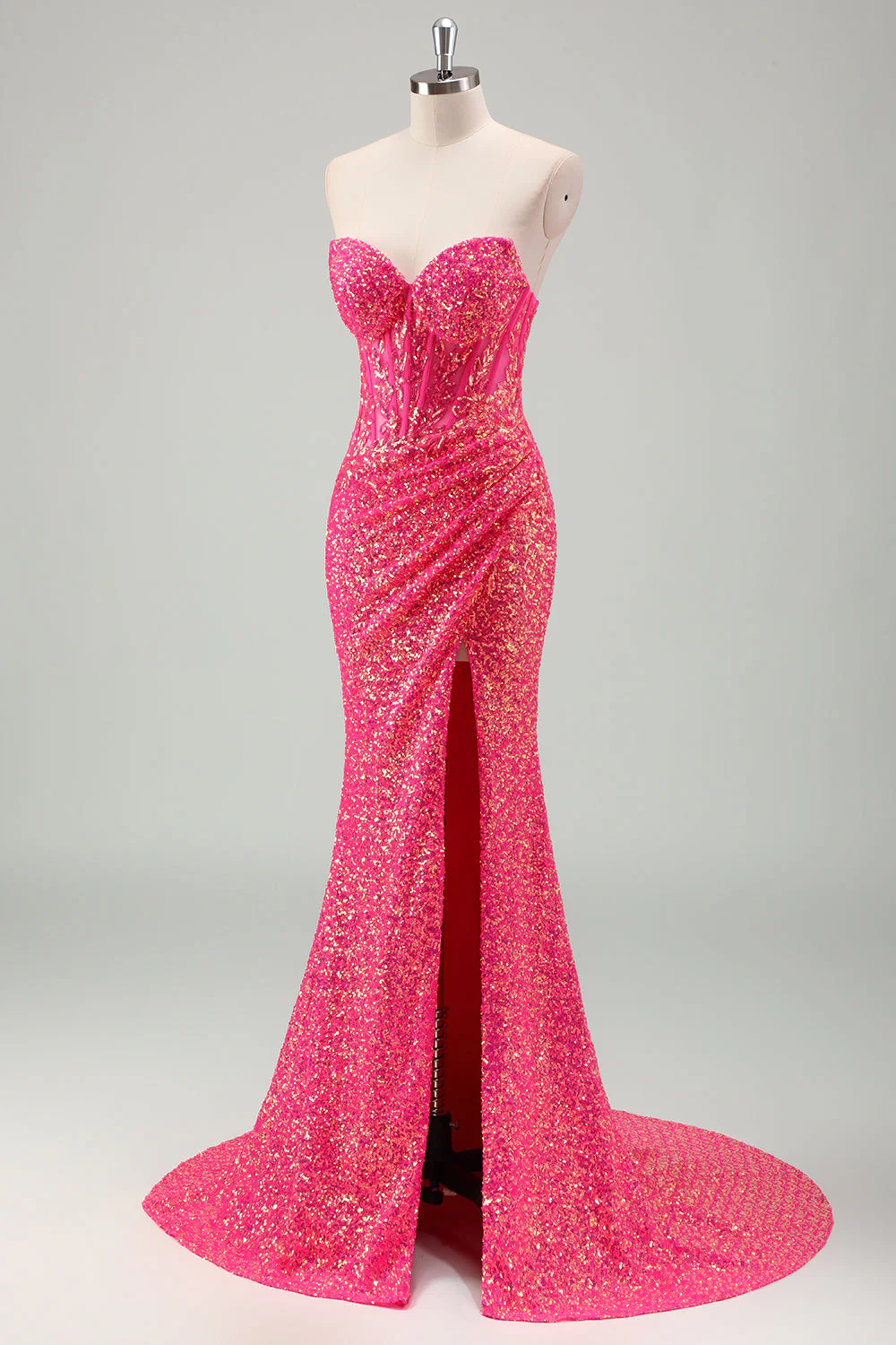 Robe de bal longue scintillante fuchsia sirène sans bretelles à paillettes avec fente - Image 3