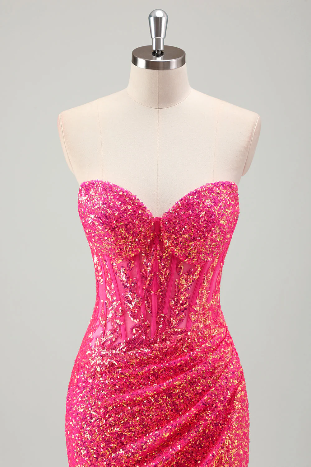 Robe de bal longue scintillante fuchsia sirène sans bretelles à paillettes avec fente - Image 4