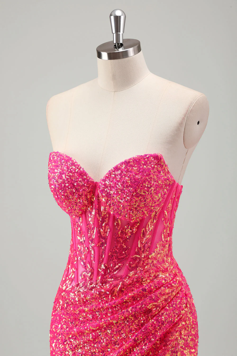 Robe de bal longue scintillante fuchsia sirène sans bretelles à paillettes avec fente - Image 6