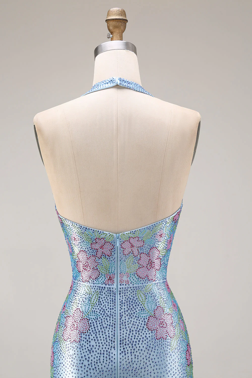 Robe de bal longue sirène à col en V à perles bleu clair et scintillante - Image 6