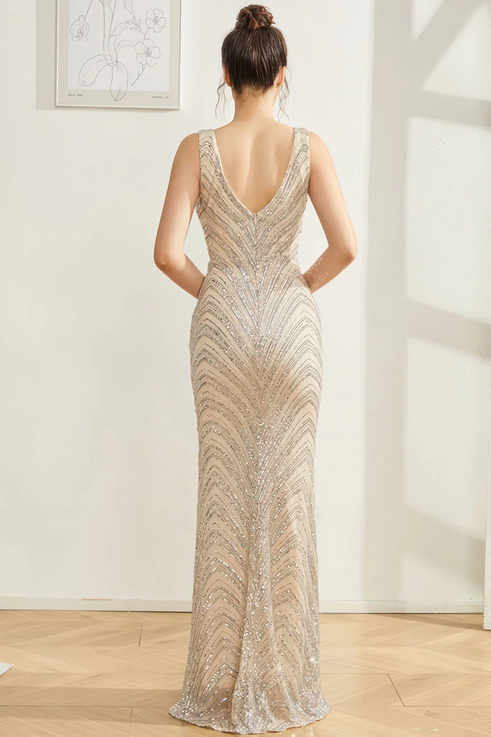 Robe de bal longue sirène argentée scintillante à col en V - Image 2