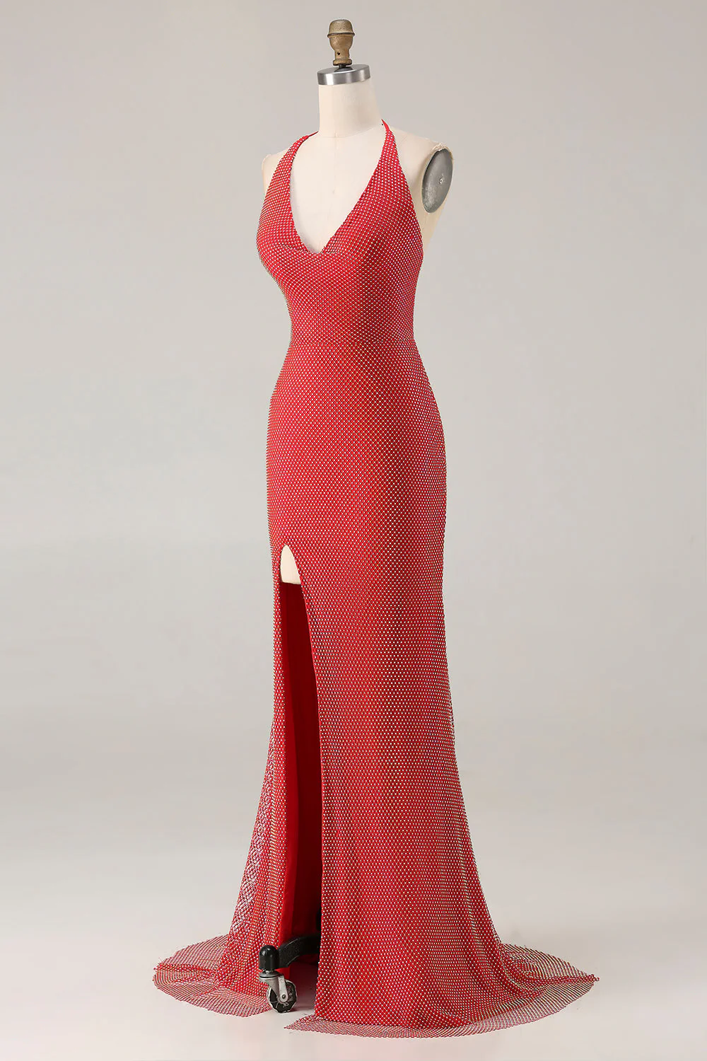 Robe de bal longue sirène aux perles rouges avec fente - Image 5
