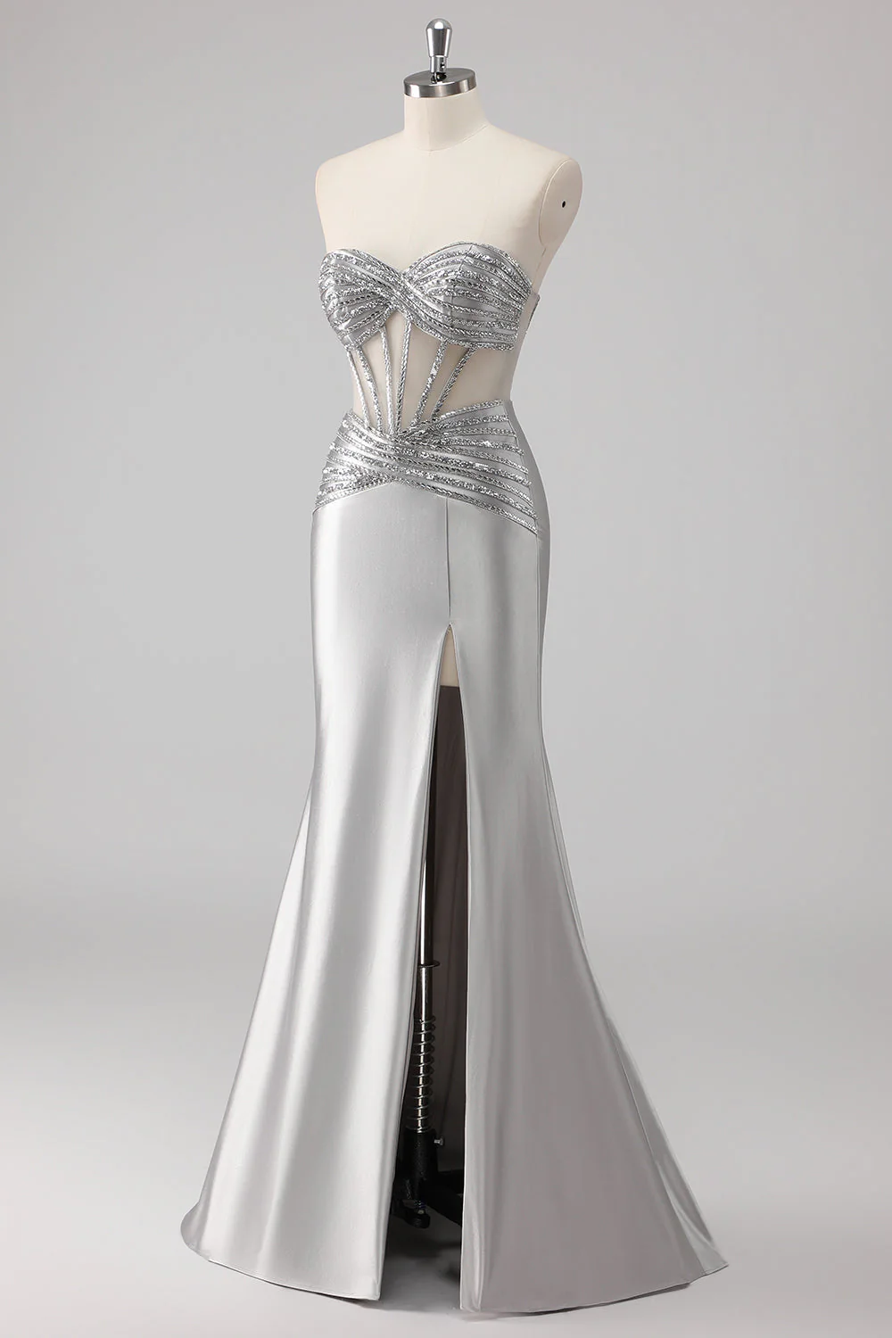 Robe de soirée longue sirène en satin perlé gris avec fente - Image 3