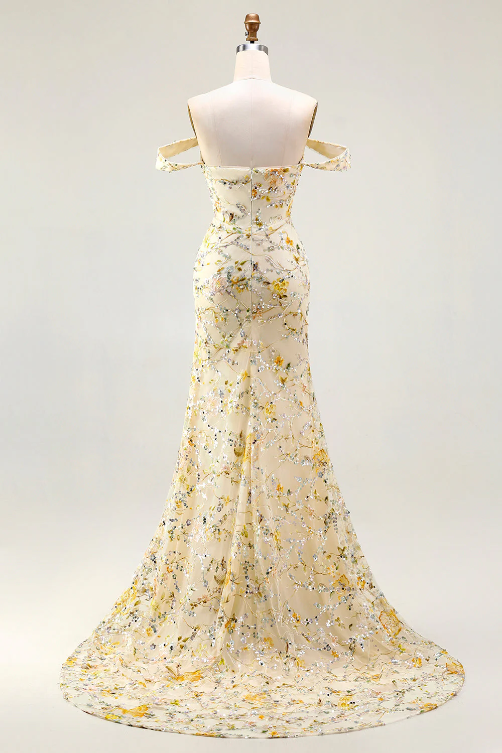 Robe de bal longue sirène jaune à paillettes dénudée avec broderie - Image 2