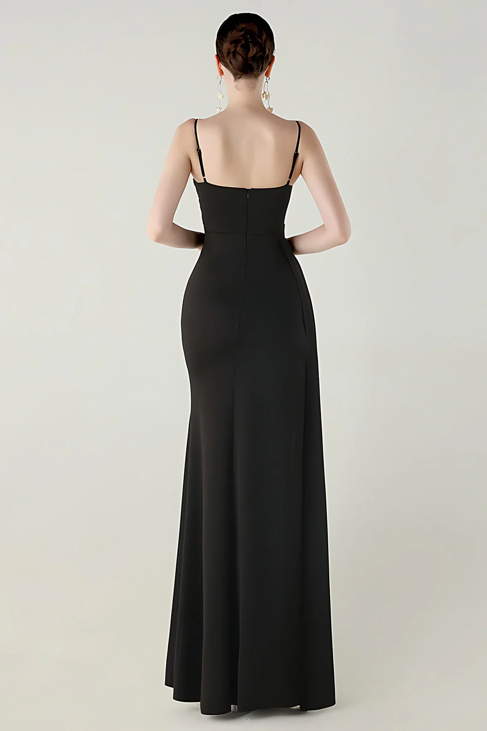 Robe de bal longue sirène noire à bretelles fines avec fente - Image 2