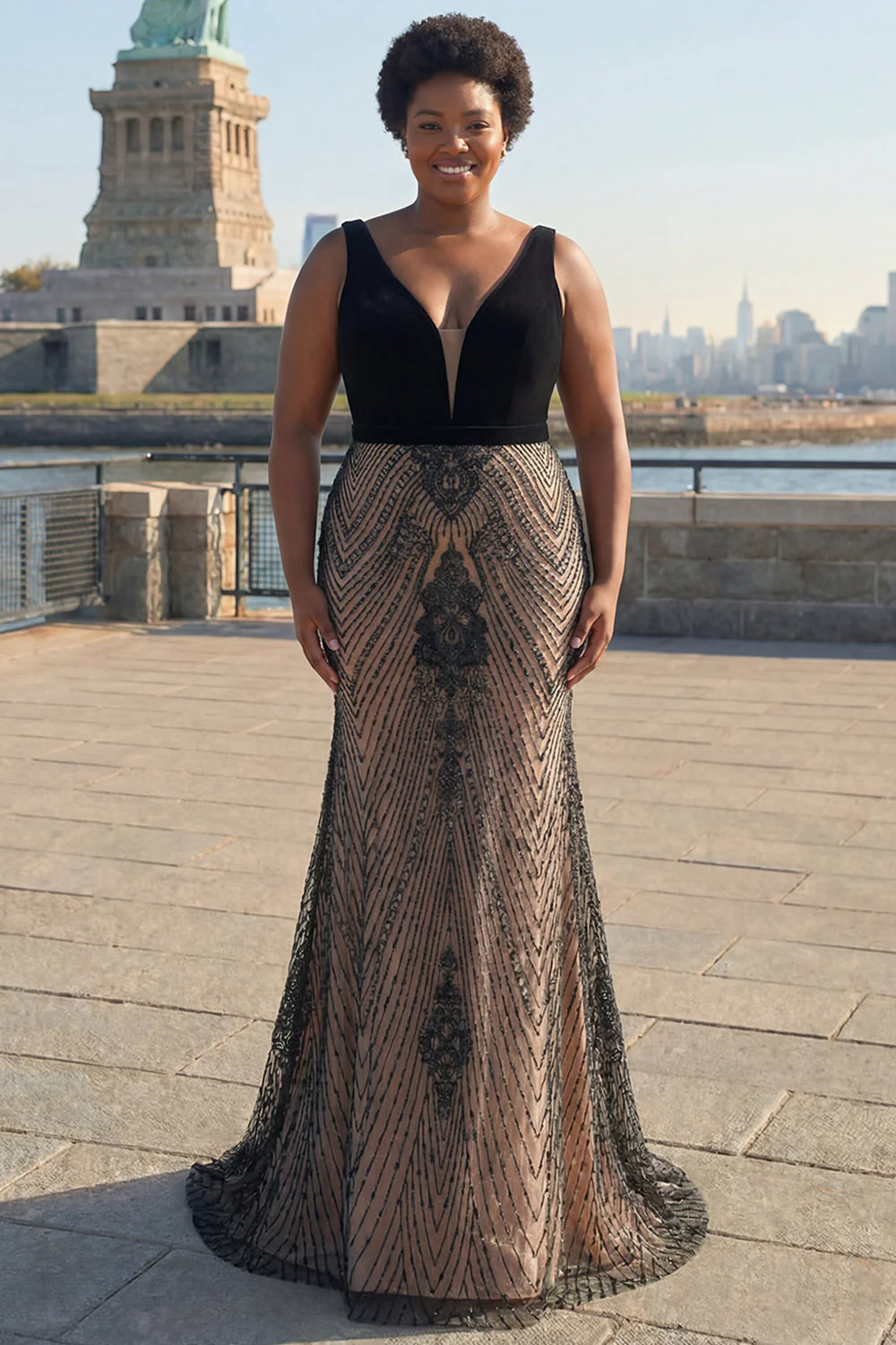 Robe de bal longue sirène noire à col en V profond avec dos ouvert