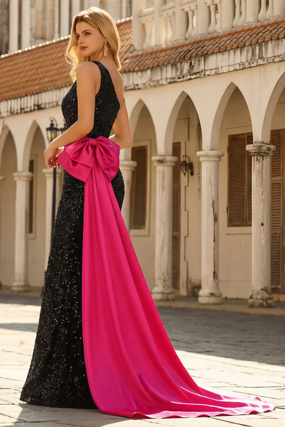 Robe de bal longue sirène noire à paillettes à une épaule avec nœud de promo - Image 5