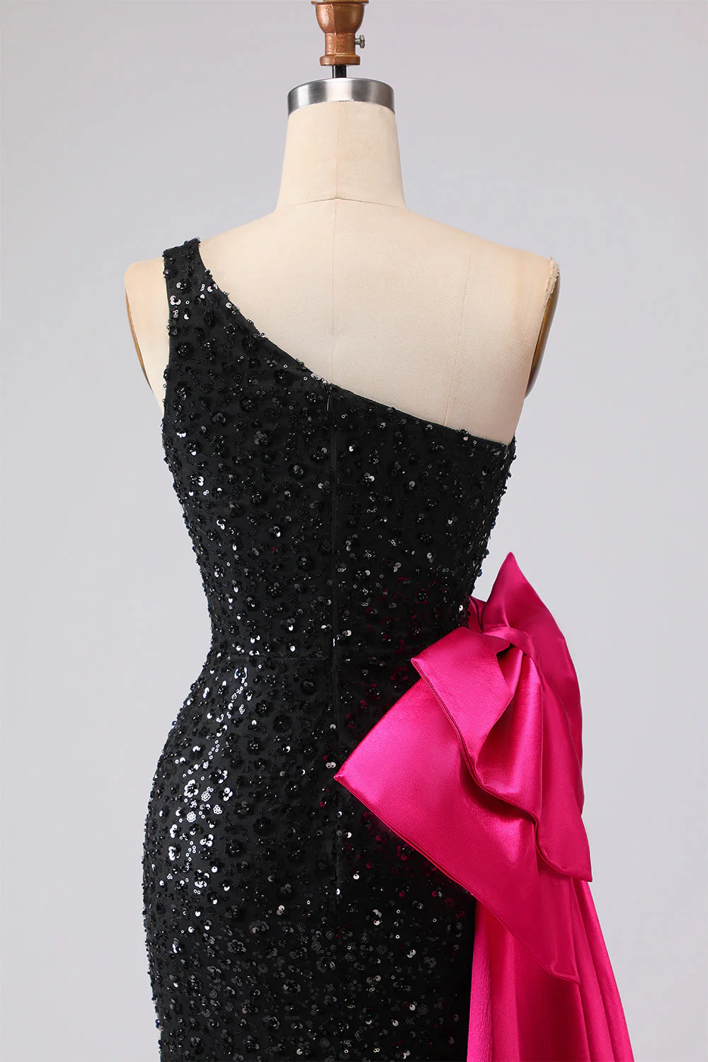 Robe de bal longue sirène noire à paillettes à une épaule avec nœud de promo - Image 7