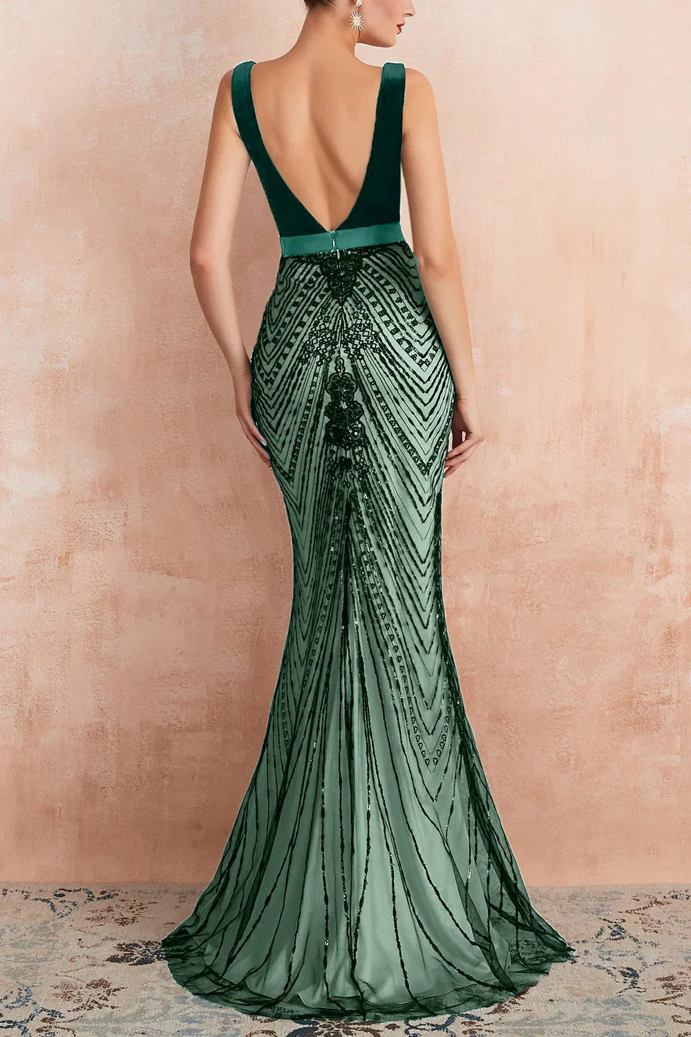 Robe de soirée longue sirène noire scintillante à col en V profond avec dos ouvert - Image 10
